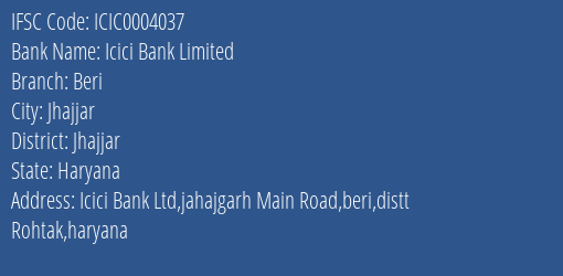 Icici Bank Beri Branch Jhajjar IFSC Code ICIC0004037