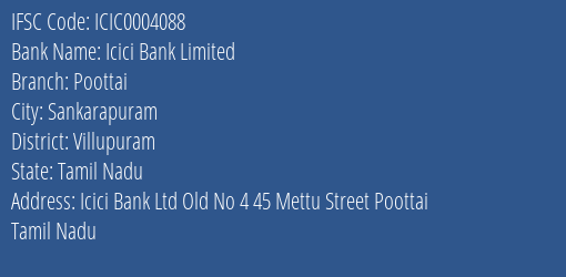 Icici Bank Poottai Branch Villupuram IFSC Code ICIC0004088