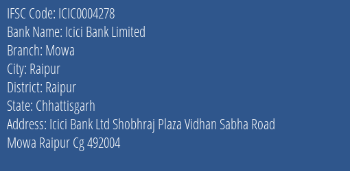 Icici Bank Mowa Branch Raipur IFSC Code ICIC0004278