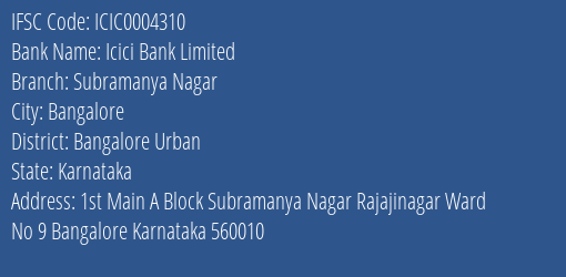 Icici Bank Subramanya Nagar Branch Bangalore Urban IFSC Code ICIC0004310