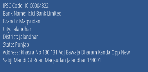 Icici Bank Maqsudan Branch Jalandhar IFSC Code ICIC0004322