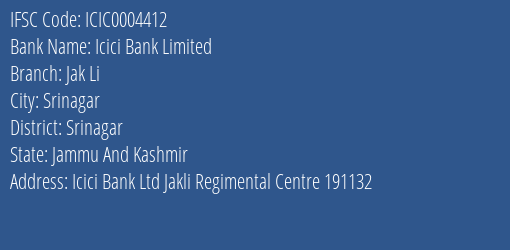 Icici Bank Jak Li Branch Srinagar IFSC Code ICIC0004412