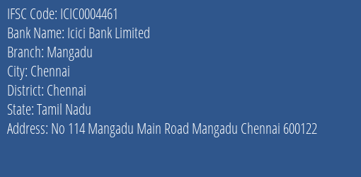 Icici Bank Mangadu Branch Chennai IFSC Code ICIC0004461