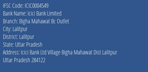 Icici Bank Limited Bigha Mahawat Bc Outlet Branch, Branch Code 004549 & IFSC Code Icic0004549