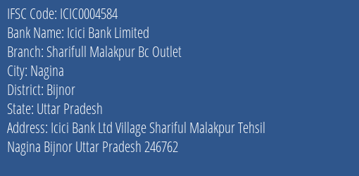 Icici Bank Sharifull Malakpur Bc Outlet Branch Bijnor IFSC Code ICIC0004584