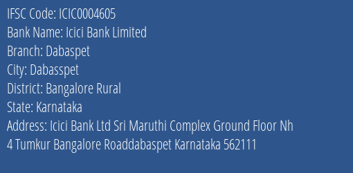 Icici Bank Dabaspet Branch Bangalore Rural IFSC Code ICIC0004605