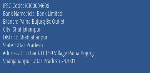 Icici Bank Paina Bujurg Bc Outlet Branch Shahjahanpur IFSC Code ICIC0004606
