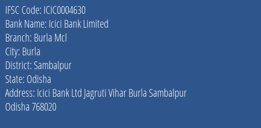 Icici Bank Limited Burla Mcl Branch, Branch Code 004630 & IFSC Code Icic0004630