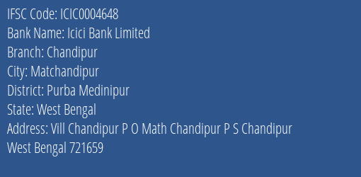 Icici Bank Limited Chandipur Branch, Branch Code 004648 & IFSC Code Icic0004648