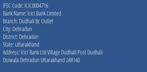 Icici Bank Limited Dudhali Bc Outlet Branch, Branch Code 004716 & IFSC Code Icic0004716