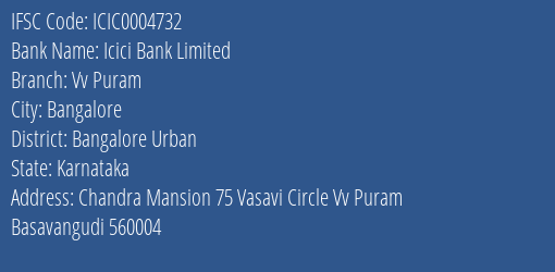 Icici Bank Vv Puram Branch Bangalore Urban IFSC Code ICIC0004732