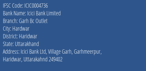 Icici Bank Garh Bc Outlet Branch Haridwar IFSC Code ICIC0004736
