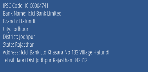 Icici Bank Hatundi Branch Jodhpur IFSC Code ICIC0004741