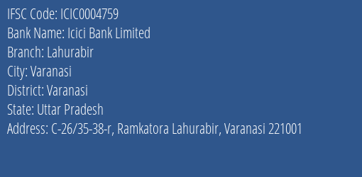 Icici Bank Lahurabir Branch Varanasi IFSC Code ICIC0004759