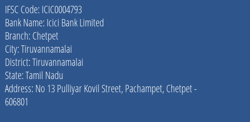 Icici Bank Chetpet Branch Tiruvannamalai IFSC Code ICIC0004793