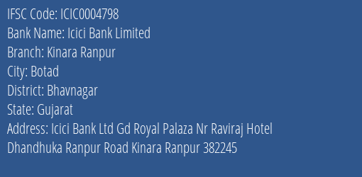 Icici Bank Kinara Ranpur Branch Bhavnagar IFSC Code ICIC0004798