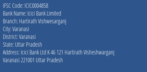 Icici Bank Hartirath Vishwesarganj Branch Varanasi IFSC Code ICIC0004858