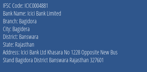 Icici Bank Bagidora Branch Banswara IFSC Code ICIC0004881