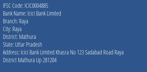 Icici Bank Raya Branch Mathura IFSC Code ICIC0004885