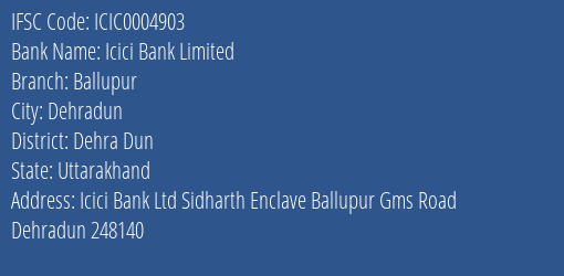 Icici Bank Ballupur Branch Dehra Dun IFSC Code ICIC0004903