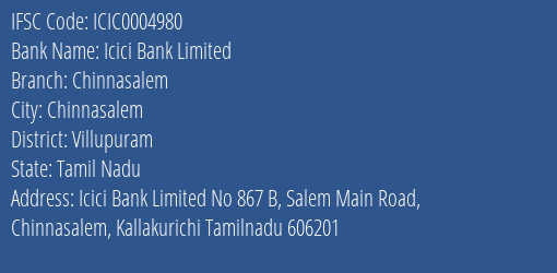 Icici Bank Chinnasalem Branch Villupuram IFSC Code ICIC0004980