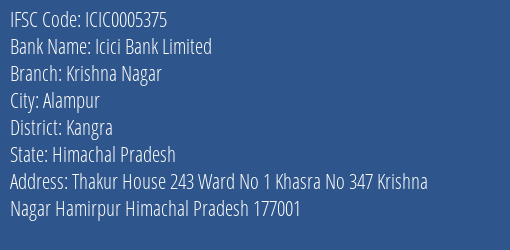 Icici Bank Krishna Nagar Branch Kangra IFSC Code ICIC0005375