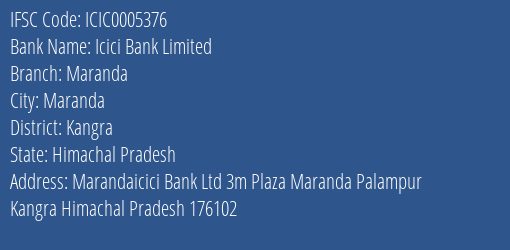 Icici Bank Maranda Branch Kangra IFSC Code ICIC0005376