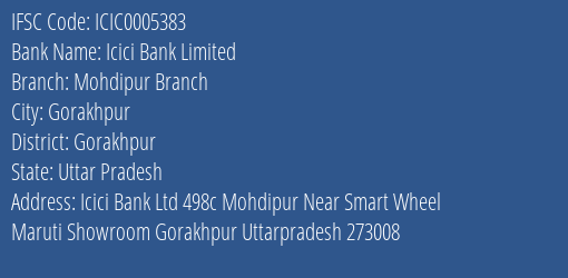 Icici Bank Mohdipur Branch Branch Gorakhpur IFSC Code ICIC0005383