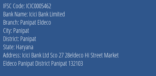 Icici Bank Panipat Eldeco Branch Panipat IFSC Code ICIC0005462
