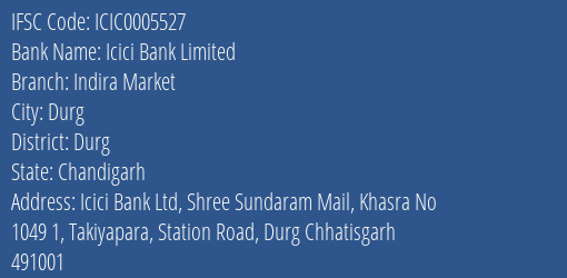 Icici Bank Indira Market Branch Durg IFSC Code ICIC0005527