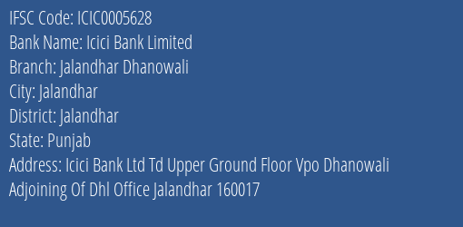 Icici Bank Jalandhar Dhanowali Branch Jalandhar IFSC Code ICIC0005628