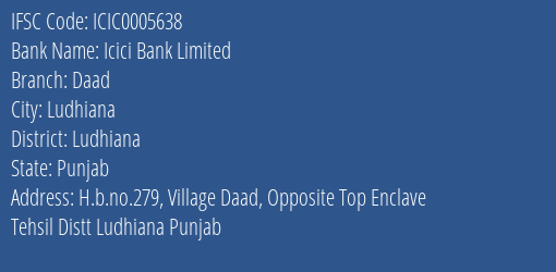 Icici Bank Daad Branch Ludhiana IFSC Code ICIC0005638