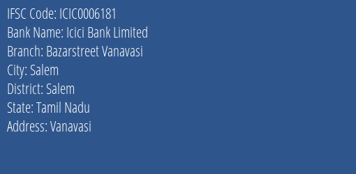 Icici Bank Bazarstreet Vanavasi Branch Salem IFSC Code ICIC0006181