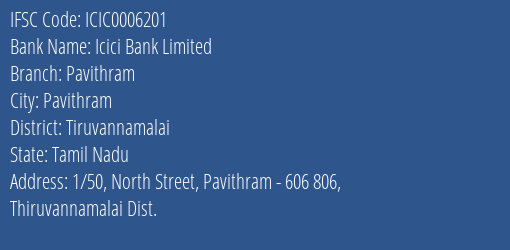 Icici Bank Pavithram Branch Tiruvannamalai IFSC Code ICIC0006201