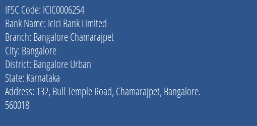 Icici Bank Bangalore Chamarajpet Branch Bangalore Urban IFSC Code ICIC0006254