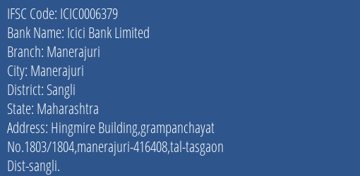 Icici Bank Manerajuri Branch Sangli IFSC Code ICIC0006379
