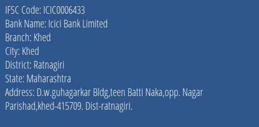 Icici Bank Khed Branch Ratnagiri IFSC Code ICIC0006433