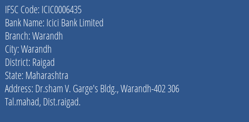 Icici Bank Warandh Branch Raigad IFSC Code ICIC0006435
