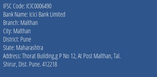 Icici Bank Malthan Branch Pune IFSC Code ICIC0006490