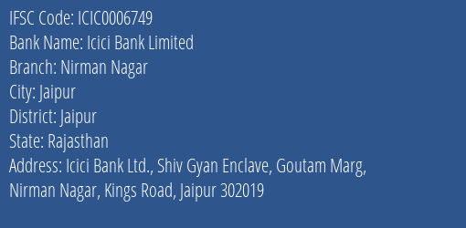 Icici Bank Nirman Nagar Branch Jaipur IFSC Code ICIC0006749