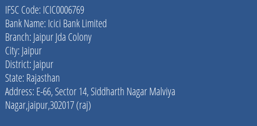 Icici Bank Jaipur Jda Colony Branch Jaipur IFSC Code ICIC0006769