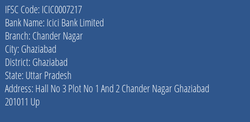 Icici Bank Limited Chander Nagar Branch, Branch Code 007217 & IFSC Code Icic0007217