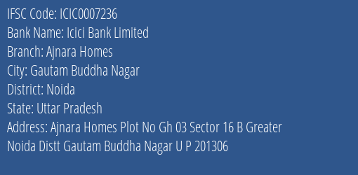 Icici Bank Limited Ajnara Homes Branch, Branch Code 007236 & IFSC Code Icic0007236