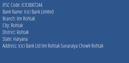 Icici Bank Iim Rohtak Branch Rohtak IFSC Code ICIC0007244