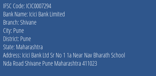 Icici Bank Shivane Branch Pune IFSC Code ICIC0007294