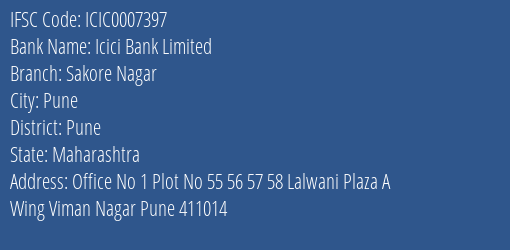 Icici Bank Sakore Nagar Branch Pune IFSC Code ICIC0007397