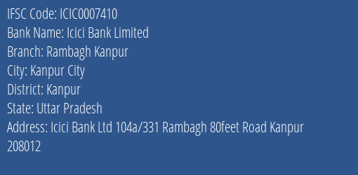 Icici Bank Rambagh Kanpur Branch Kanpur IFSC Code ICIC0007410