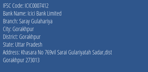 Icici Bank Saray Gulahariya Branch Gorakhpur IFSC Code ICIC0007412