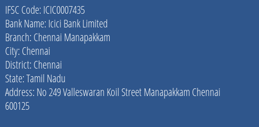Icici Bank Chennai Manapakkam Branch Chennai IFSC Code ICIC0007435