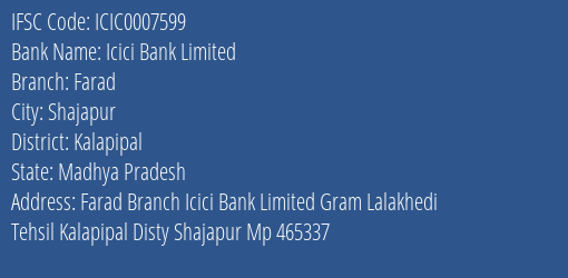 Icici Bank Limited Farad Branch, Branch Code 007599 & IFSC Code Icic0007599